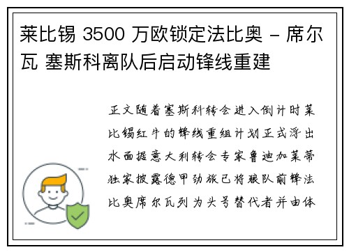 莱比锡 3500 万欧锁定法比奥 - 席尔瓦 塞斯科离队后启动锋线重建