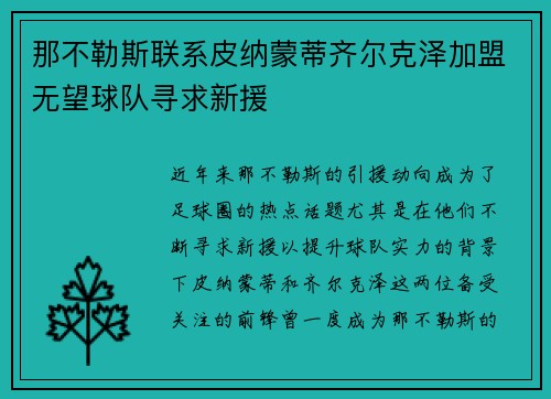 那不勒斯联系皮纳蒙蒂齐尔克泽加盟无望球队寻求新援