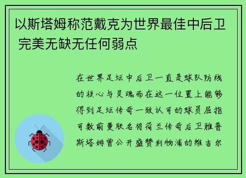 以斯塔姆称范戴克为世界最佳中后卫 完美无缺无任何弱点
