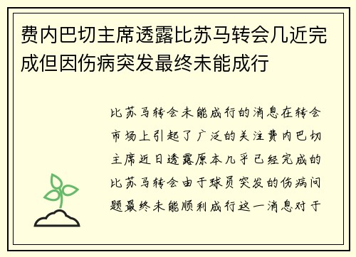 费内巴切主席透露比苏马转会几近完成但因伤病突发最终未能成行